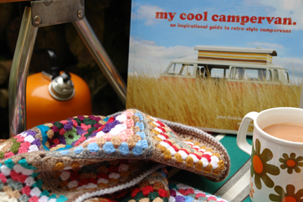 My Cool Campervan book with vintage mug, crochet blanket and orange camping kettle