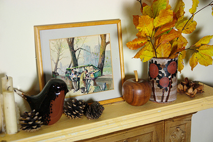 vintage Briglin Pottery vase as part of an Autumn-inspired mantlepiece