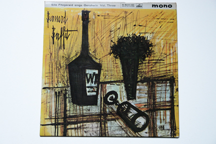 Ella Fitzgerald LP cover of a table with wine bottle, glass and vase of flowers illustrated by Bernard Buffet