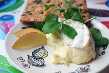 wheel of Camembert, apple wedges and Dr Karg's cracker on vintage plate and Ikea bird tray
