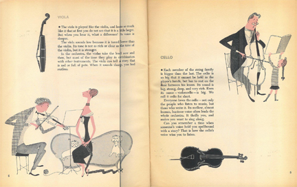 Illustration of string instruments & musicians from 'What Makes an Orchestra' vintage children's book