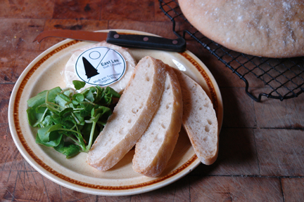 sliced, homemade ciabatta with Todmorden-made Pextenement cheese and watercress