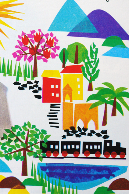page from a vintage craft booklet showing train and countryside scene