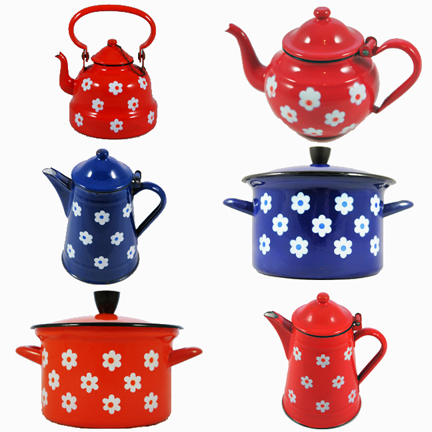montage of vintage daisy patterned enamel pots and pans