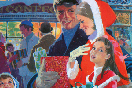 detail of vintage Frears "Tea Time" Christmas assorted biscuit tin