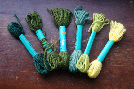 set of 6 vintage bundles of darning wool in shades of green and yellow