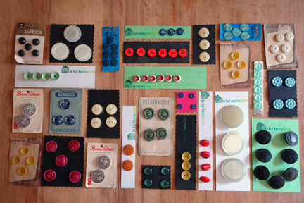 sewing vintage buttons on to card in preparation for H is for Home's 1st vintage fair
