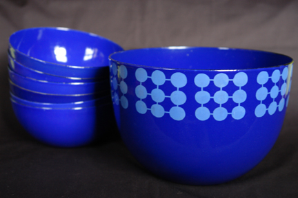 collection of blue vintage Finel enamel bowl decorated with circles in a square pattern