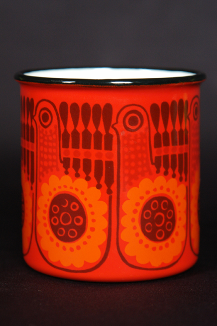 red, vintage Finel enamel mug decorated with repeating bird pattern