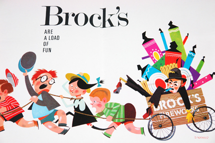 Close up of vintage Brocks Fireworks illustrated poster
