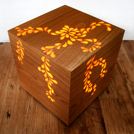 illuminated wood veneered cube designed & made by Jane Blease illuminated wood veneered cube designed & made by Jane Blease