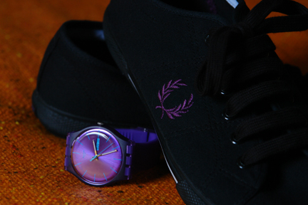 'Purple Rebel' Swatch watch and black & purple Fred Perry plimsolls