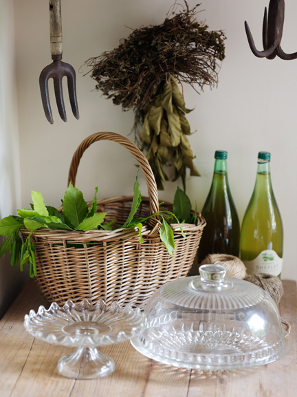 Detail of basket and bottles in H is for Home's larder
