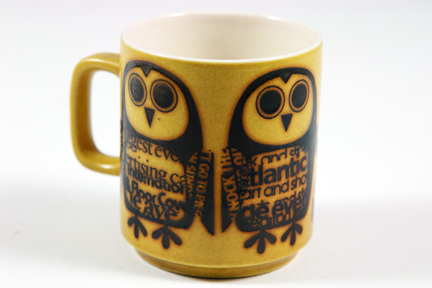 vintage Hornsea Pottery mug with newsprint owls