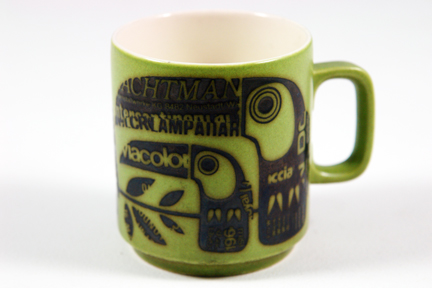 vintage Hornsea Pottery mug with newsprint toucans