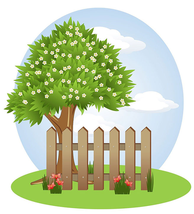 Illustration of a garden with a picket fence, flowers and tree Illustration of a garden with a picket fence, flowers and tree