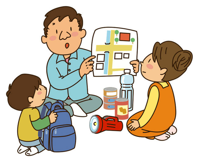 Cartoon of man getting children prepared for an emergency Cartoon of man getting children prepared for an emergency