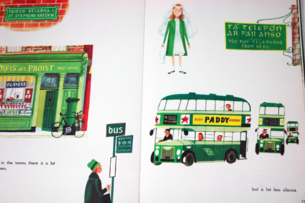 page from vintage book, "This is Ireland" by Miroslav Sasek featuring Irish green double-decker buses page from vintage book, "This is Ireland" by Miroslav Sasek featuring Irish green double-decker buses