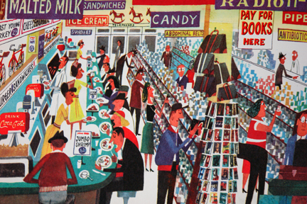 page from vintage book, "This is New York" by Miroslav Sasek featuring an all American diner page from vintage book, "This is New York" by Miroslav Sasek featuring an all Ameriacan diner