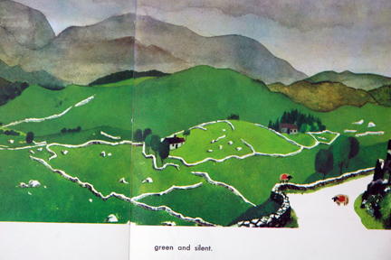 page from vintage book, "This is Ireland" by Miroslav Sasek featuring rolling green fields and sheep page from vintage book, "This is Ireland" by Miroslav Sasek featuring rolling green fields and sheep