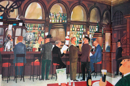 page from vintage book, "This is Ireland" by Miroslav Sasek featuring Irish pub interior page from vintage book, "This is Ireland" by Miroslav Sasek featuring Irish pub interior