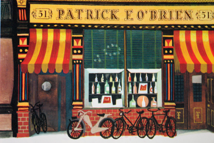 page from vintage book, "This is Ireland" by Miroslav Sasek featuring shop frontage of Patrick O'Brien general store page from vintage book, "This is Ireland" by Miroslav Sasek featuring shop frontage of Patrick O'Brien general store