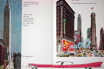 page from vintage book, "This is New York" by Miroslav Sasek featuring skyscrapers and pink stretch Cadillac page from vintage book, "This is New York" by Miroslav Sasek featuring skyscrapers and pink stretch Cadillac