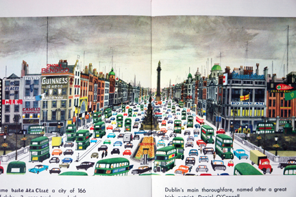 page from vintage book, "This is Ireland" by Miroslav Sasek featuring the busy main thoroughfare, O'Donnell Street page from vintage book, "This is Ireland" by Miroslav Sasek featuring the busy main thoroughfare, O'Donnell Street
