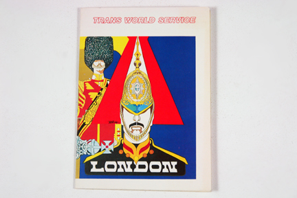 vintage 1960s Trans World Service menu cover depicting two horse guards in helmet and bearskin vintage 1960s Trans World Service menu cover depicting two horse guards in helmet and bearskin