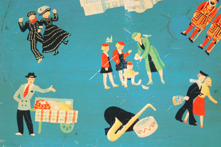 detail of the top of vintage biscuit tin with London illustrations of such as a Pearly king and queen, beefeaters, street hawker etc detail of the top of vintage biscuit tin with London illustrations of such as a Pearly king and queen, beefeaters, street hawker etc
