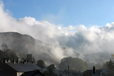 Chapel and roofs in the mist, Chapel Style, Little Langdale, Lake District, Cumbria