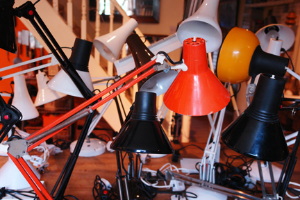 multicoloured collection of vintage anglepoise lamps