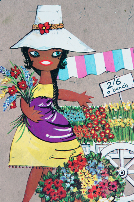 detail from a vintage biscuit tin with illustration by Lefor-Openo of a flower seller girl with her market stall
