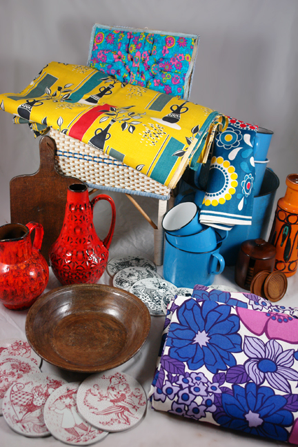 selection of antique & vintage homewares bought at Lincoln Show including a bolt of vintage 1950s fabric, set of sky blue Czech enamel containers, circular Nymolle pottery plaques designed by Bjorn Wiinblad, trio, vintage Marks and Spencer blue and purple floral curtains of fat lava West German vases and antique 18th/19th century wooden pie/bread peel