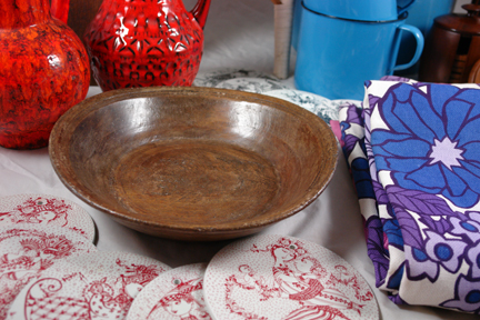 selection of antique & vintage homewares bought at Lincoln Show with antique 18th/19th century turned wooden bowl highlighted