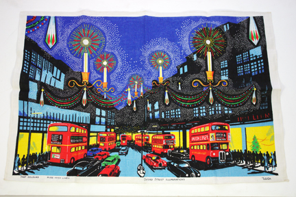 vintage teatowel of Oxford Street lights in London at night vintage teatowel of Oxford Street lights in London at night