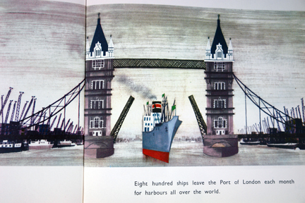 illustration depicting a ship on the Thames passing under Tower Bridge taken from vintage "This is London" book by Miroslav Sasek illustration depicting a ship on the Thames passing under Tower Bridge taken from vintage "This is London" book by Miroslav Sasek