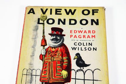 detail of cover of vintage book entitled "A View of London" by Edward Pagram showing a Beafeater and raven detail of cover of vintage book entitled "A View of London" by Edward Pagram showing a Beefeater and a raven