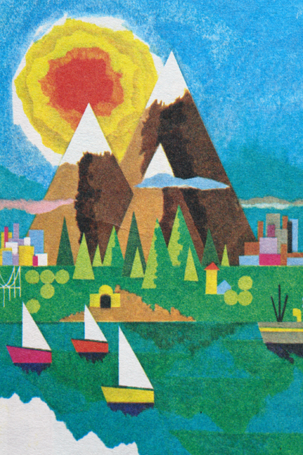 detail of a vintage travel map from the 1960s showing an illustration of 3 peaks, forest, sun, boats and water