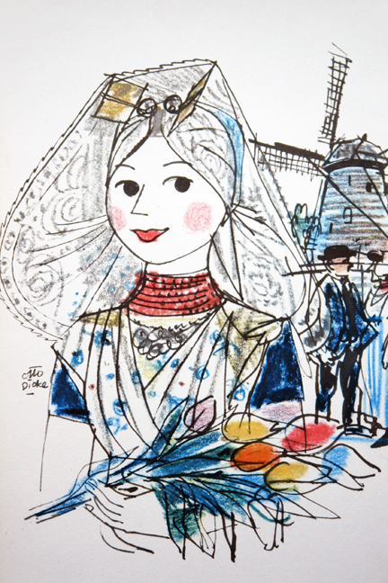 KLM menu illustration by Otto Dicke depicting a girl in traditional Dutch costume KLM menu illustration by Otto Dicke depicting a girl in traditional Dutch costume
