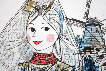 detail of KLM menu illustration by Otto Dicke depicting a girl in traditional Dutch costume detail of KLM menu illustration by Otto Dicke depicting a girl in traditional Dutch costume
