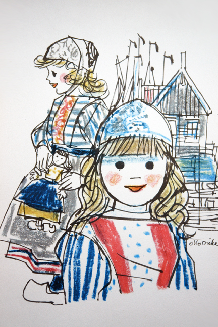 KLM menu illustration by Otto Dicke depicting girls in traditional Dutch costume