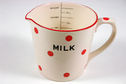 vintage 1950s red polka dot pottery milk jug