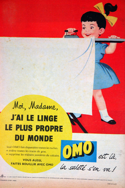 Advertisement for Omo detergent from a vintage 1950s French "L'Echo de la Mode" magazine Advertisement for Omo detergent from a vintage 1950s French "L'Echo de la Mode" magazine