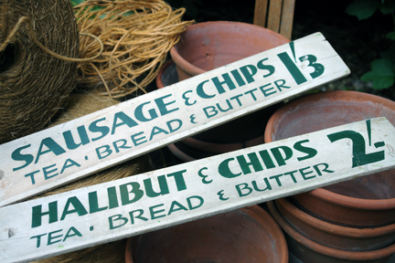 two hand painted wooden fish and chip shop signs from a selection of vintage garden items two hand painted wooden fish and chip shop signs from a selection of vintage garden items