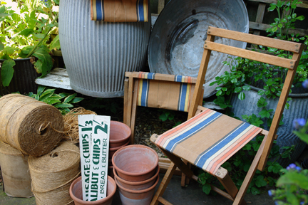 selection of vintage garden items including canvas seated chair, terracotta pots, 3 large reels of jute twine, hand painted fish & chip shop signs and tin dolly tub and bath selection of vintage garden items including canvas seated chair, terracotta pots, 3 large reels of jute twine, hand painted fish & chip shop signs and tin dolly tub and bath