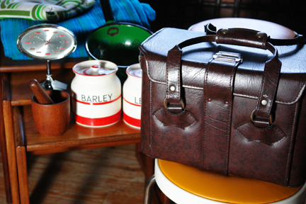 detail of vintage vinyl Hinomoto camera bag