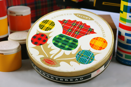 vintage Jacobs shortbread biscuit tin decorated with multicoloured stylised thistle