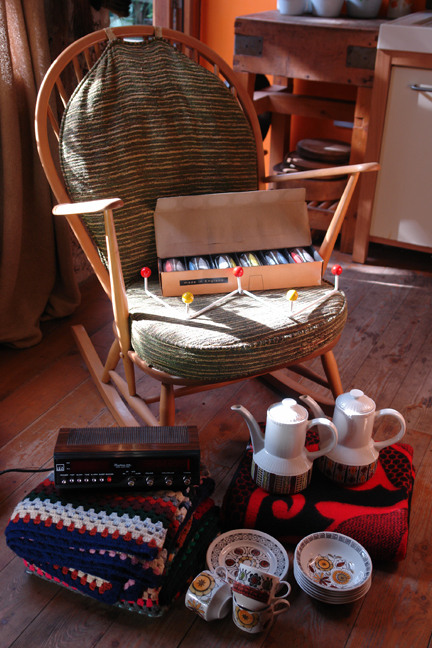 selection of vintage homewares soon to be available on the H is for Home website including Ercol beechwood rocking chair, selection of Kathie Winkle designed crockery for Broadhurst Pottery, Binatone clock radio alarm, Sherdley 