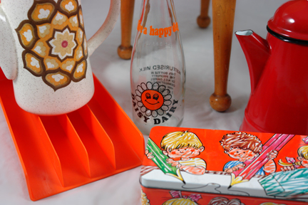 collection of new H is for Home stock items including a Palissy Kalibar coffee pot, child's vintage tin pencil case, Daisey Dairy milk bottle and red enamel coffeepot